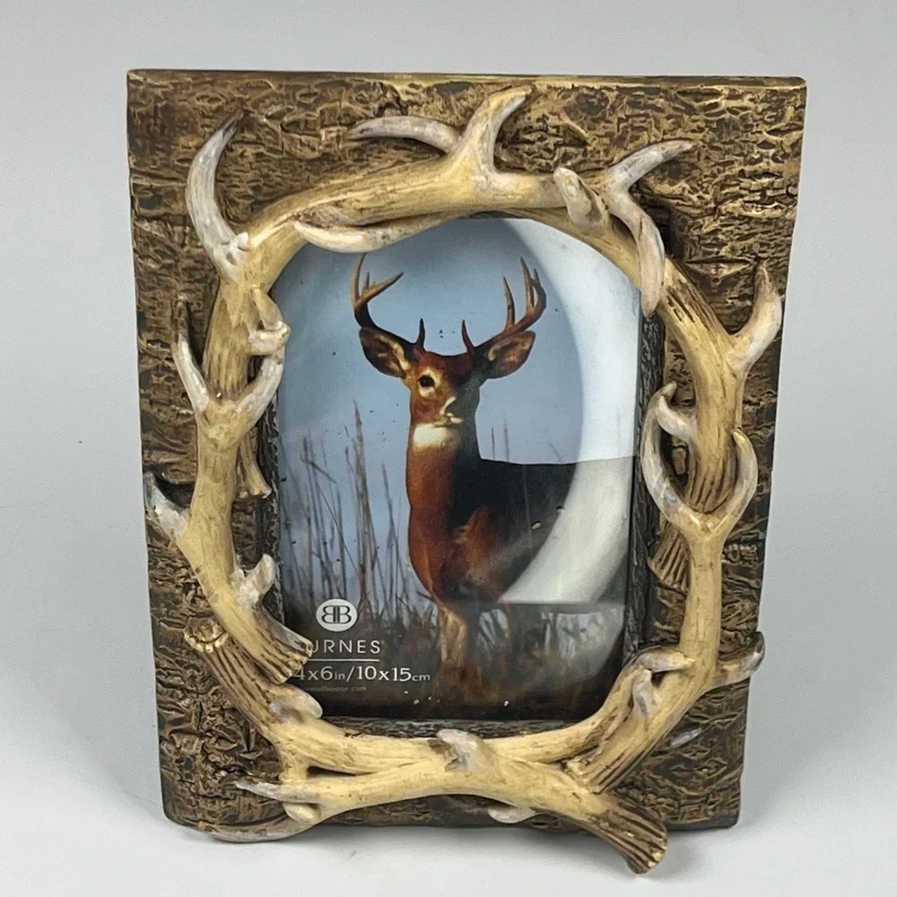 Burnes of Boston 4x6 Rustic Antler Picture Frame Faux Bark Lodge Decor Brown